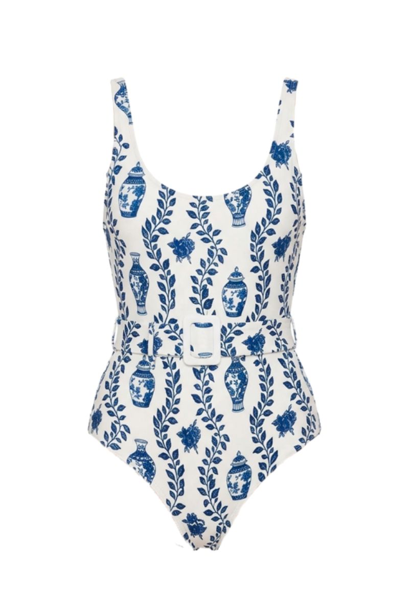 Aguaclara Dynastie belted one-piece swimsuit with a sleek design, featuring a belt detail and vibrant pattern.