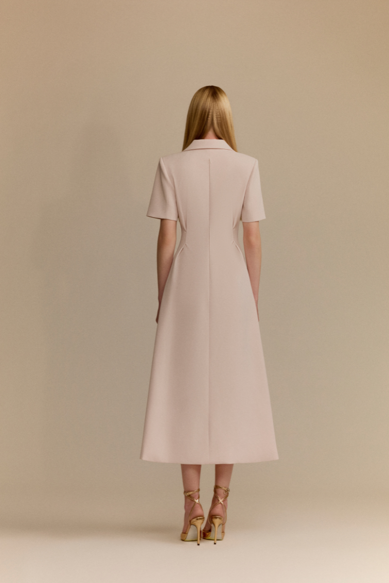 White Plan Dynasty Dress midi dress shown from the back, featuring a stylish design with a fitted waist and elegant midi length.