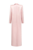 Light pink double-breasted long coat from I.H.F Studio, featuring a tailored fit and classic lapels, displayed on a hanger.