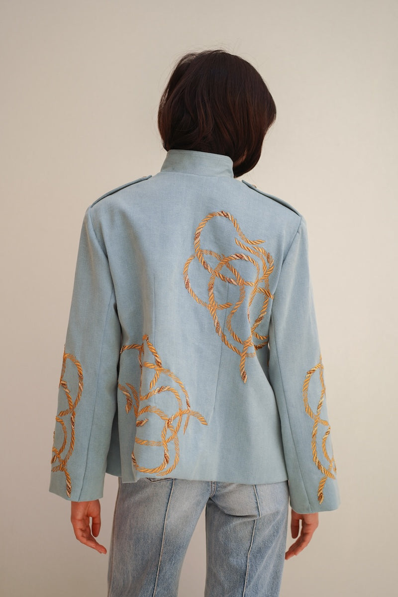 Nadya Shah Daley Denim Cargo jacket with front pockets and button details, styled in classic blue denim fabric.