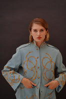Nadya Shah Daley Denim Cargo Jacket featuring classic denim fabric, multiple pockets, and casual fit for everyday wear.