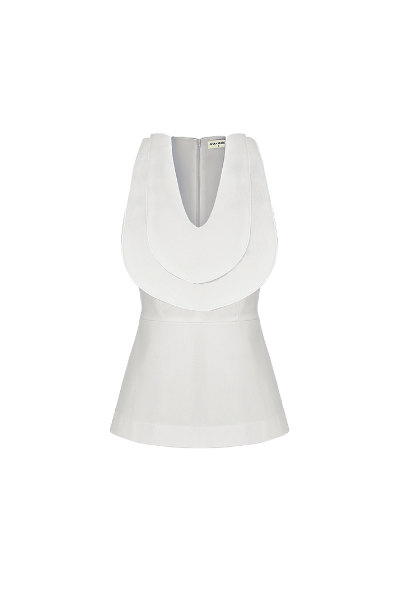 ANA + MARIA Dalia Ivory top, stylish sleeveless blouse with delicate fabric and elegant design, shown on a model.
