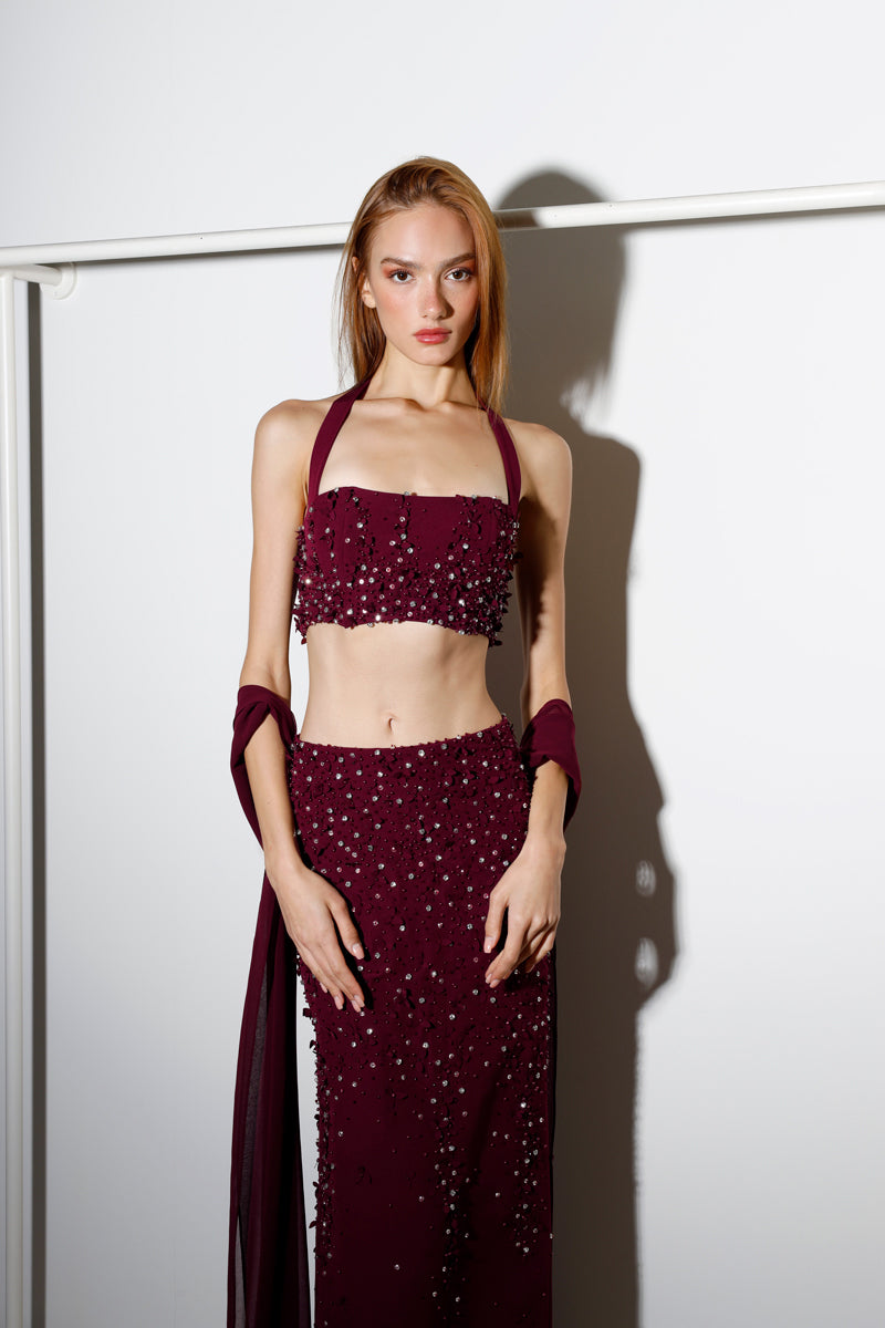 Burgundy Rayane Bacha Dalya embellished halter co-ord set with intricate embellishments and matching top and pants.
