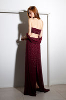 Rayane Bacha Dalya embellished halter co-ord set in rich burgundy, featuring intricate embellishments and a stylish halter design.