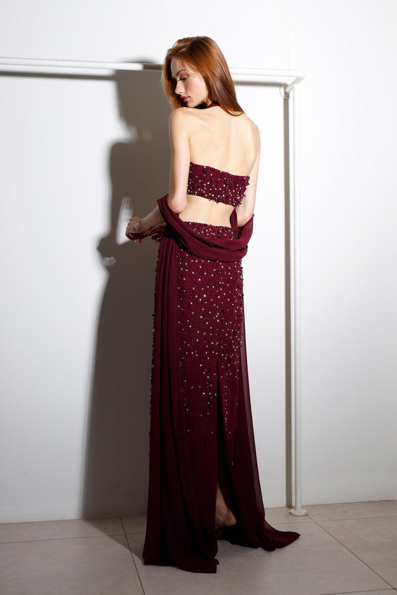 Rayane Bacha Dalya embellished halter co-ord set in rich burgundy, featuring intricate embellishments and a stylish halter design.
