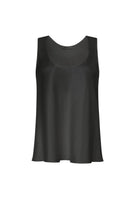 Serenity Dana black silk twill tank top displayed flat, showcasing its smooth fabric and classic sleeveless design.