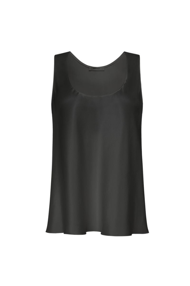 Serenity Dana black silk twill tank top displayed flat, showcasing its smooth fabric and classic sleeveless design.