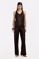 Serenity Dana Espresso silk satin tank top displayed on a hanger with smooth, shiny fabric and a classic sleeveless design.