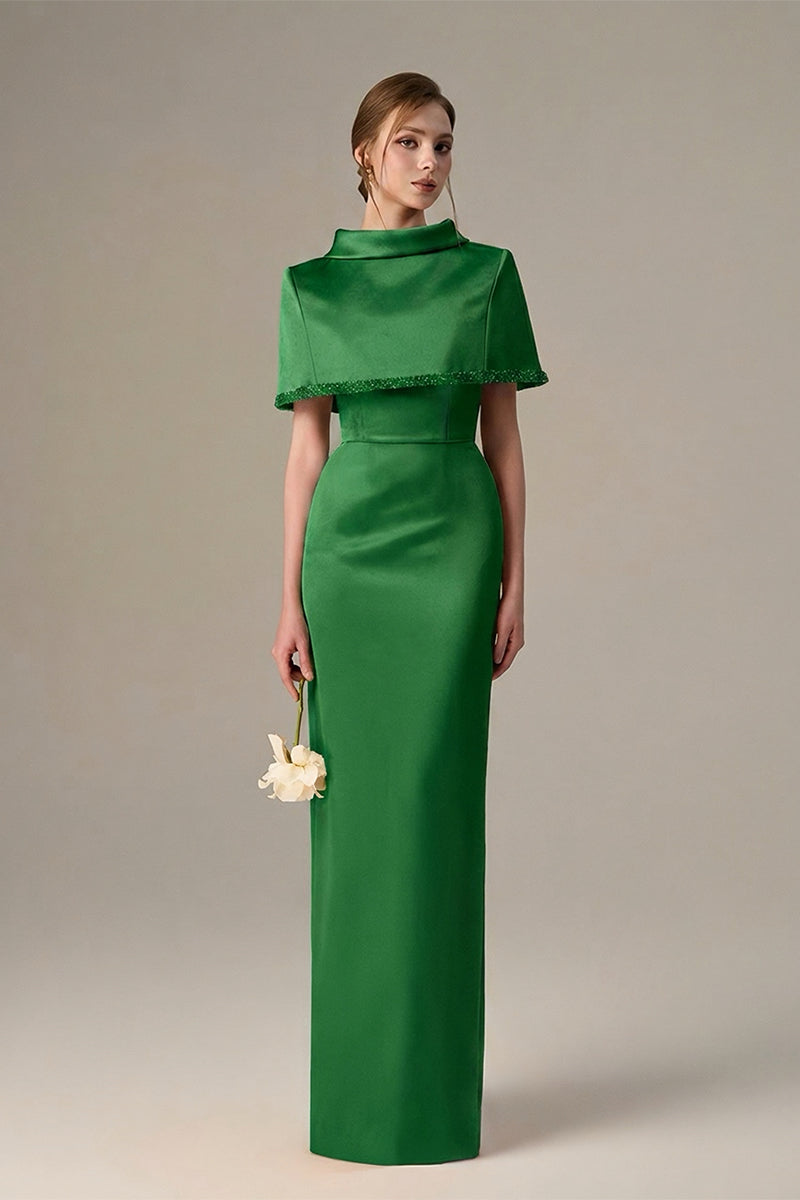 Dark green taffeta maxi dress with a cropped cape and inverted lapel by I.H.F, shown from the front.