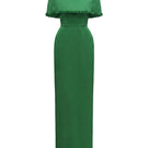 Dark green taffeta gown with a cropped cape and inverted lapel by I.H.F, featuring elegant, shiny fabric and stylish design details.