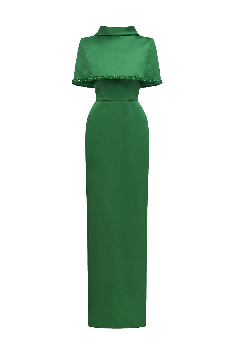 Dark green taffeta maxi dress with cropped cape and inverted lapel by I.H.F, stylish evening wear with elegant details.