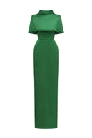 Dark green taffeta gown with a cropped cape and inverted lapel by I.H.F, featuring elegant, shiny fabric and stylish design details.