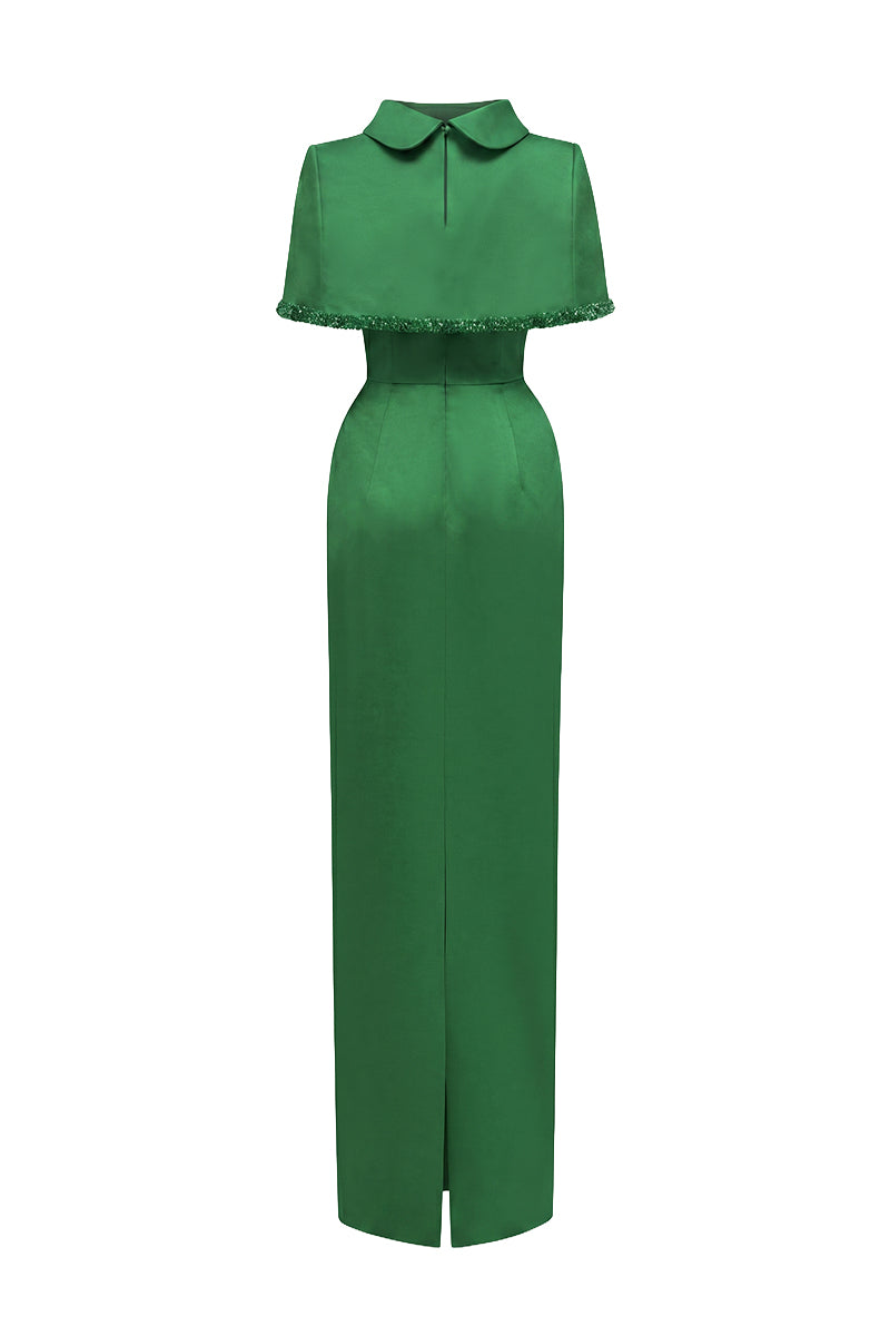 Dark green taffeta maxi dress with cropped cape and inverted lapel, stylish I.H.F fashion look.