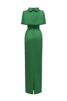 Dark green taffeta gown with a cropped cape and inverted lapel by I.H.F, showcasing elegant evening wear.