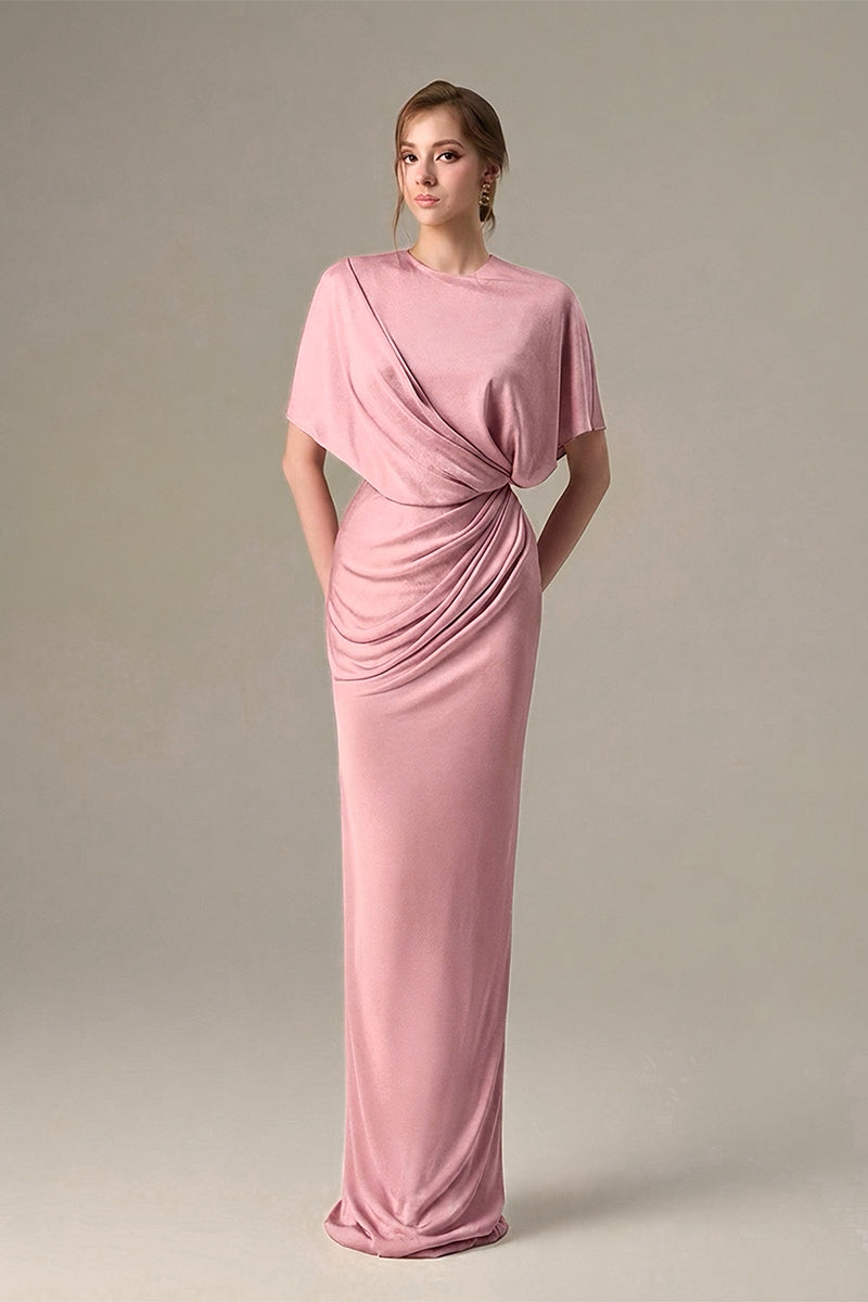 Dark pink jersey maxi dress with gathered waist and tie detail by I.H.F, featuring a flowing silhouette and stylish design.