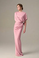 Dark pink jersey maxi dress with gathered waist and tie detail, by I.H.F, showcasing a stylish and flowing design.