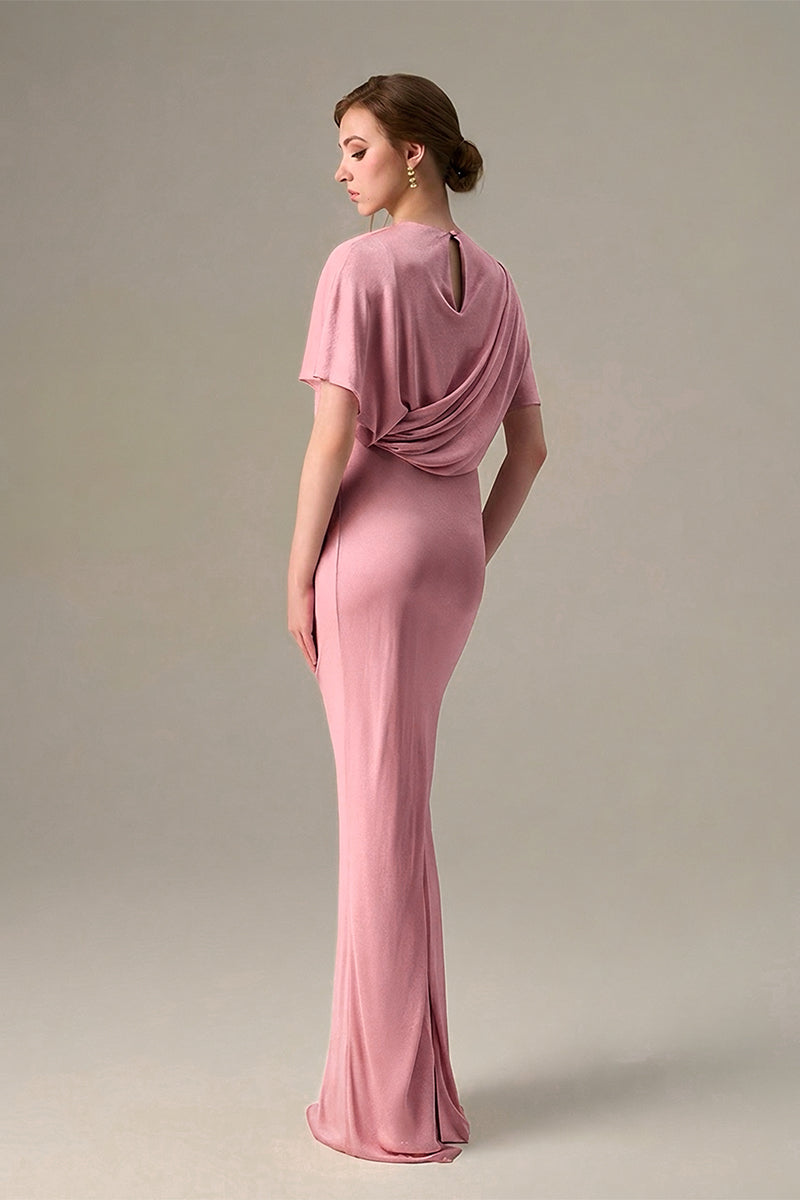 Dark pink I.H.F maxi jersey dress with gathered waist and tie detail, showcasing a stylish and comfortable evening wear look.