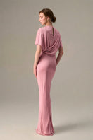 Dark pink jersey maxi dress with gathered waist and tie detail by I.H.F, featuring a flowing silhouette and elegant design.