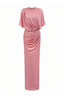 Dark pink I.H.F jersey maxi dress with gathered waist and tie detail, stylish and comfortable for casual or dressy occasions.