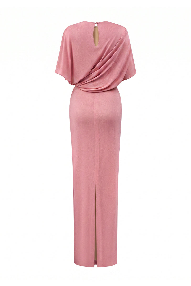 Dark pink jersey maxi dress by I.H.F with a gathered waist and tie detail, featuring a flowy silhouette and comfortable fit.