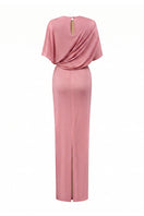 Dark pink jersey maxi dress with gathered waist and tie detail by I.H.F, shown on a model.