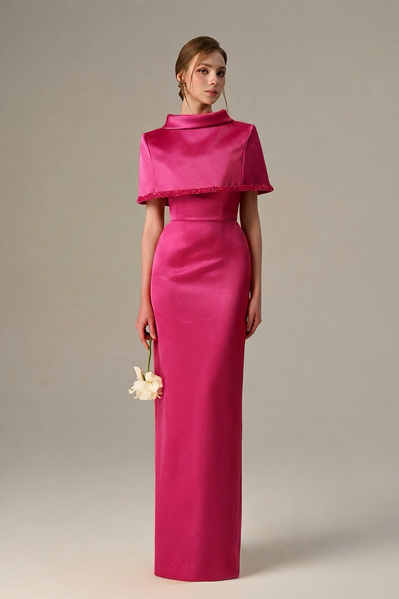 Dark pink fuchsia taffeta maxi dress by I.H.F with a cropped cape and inverted lapel, elegant evening wear for special occasions.