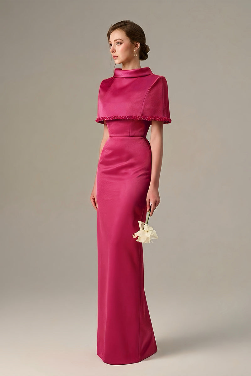 Dark pink fuchsia taffeta maxi dress with a cropped cape and inverted lapel by I.H.F, displayed on a hanger.
