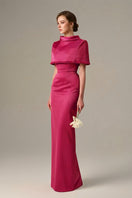 Dark pink taffeta gown with a cropped cape and inverted lapel by I.H.F, elegant evening dress with stylish details.