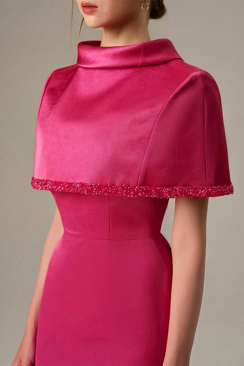 Dark pink taffeta maxi dress with a cropped cape and inverted lapel by I.H.F, featuring elegant, flowing fabric and stylish design.