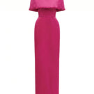 Dark pink taffeta gown with a cropped cape and inverted lapel by I.H.F, featuring elegant detailing and a sleek silhouette.