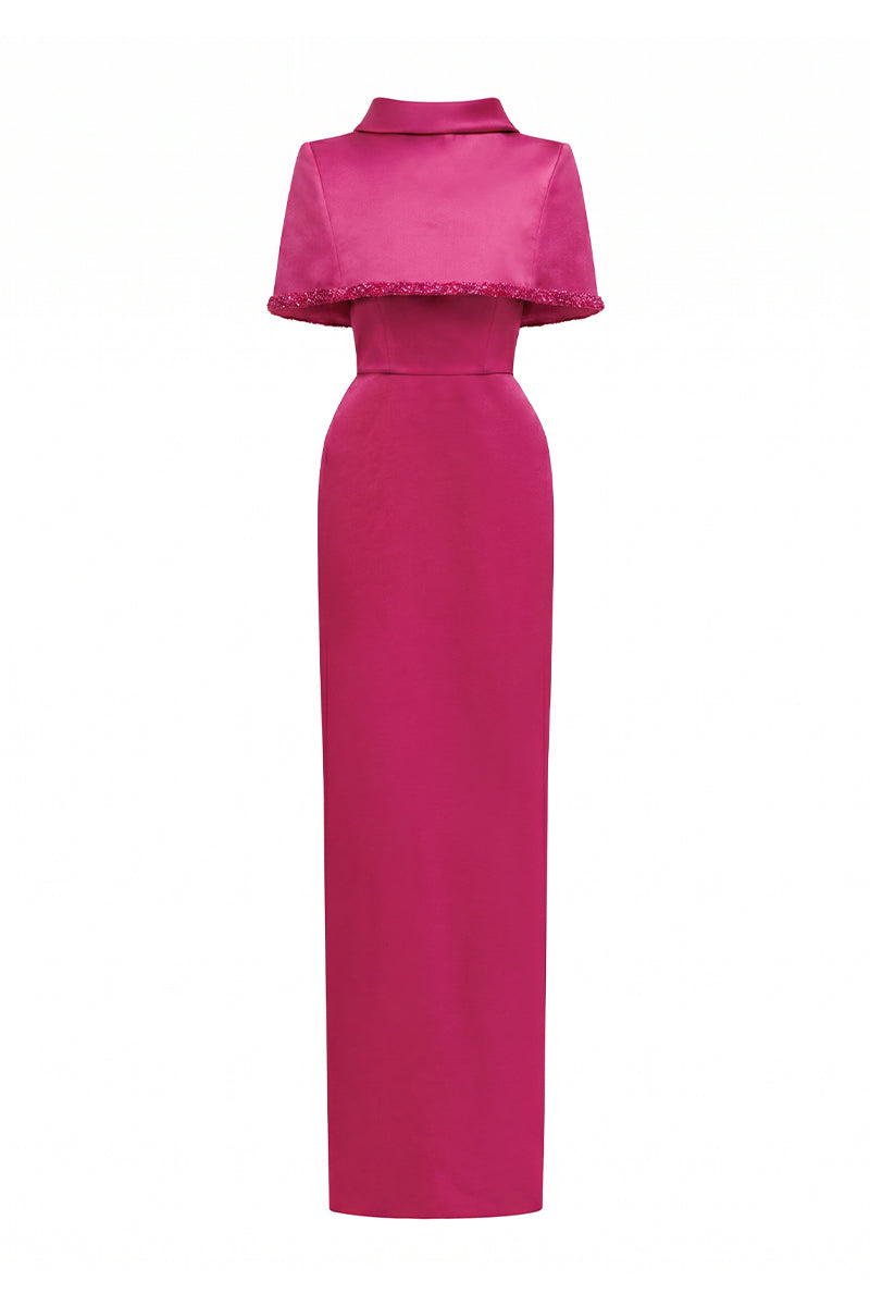 Dark pink taffeta maxi dress by I.H.F with a cropped cape and inverted lapel, showcasing elegant evening wear.