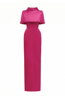 Dark pink taffeta gown with a cropped cape and inverted lapel by I.H.F, featuring elegant detailing and a sleek silhouette.