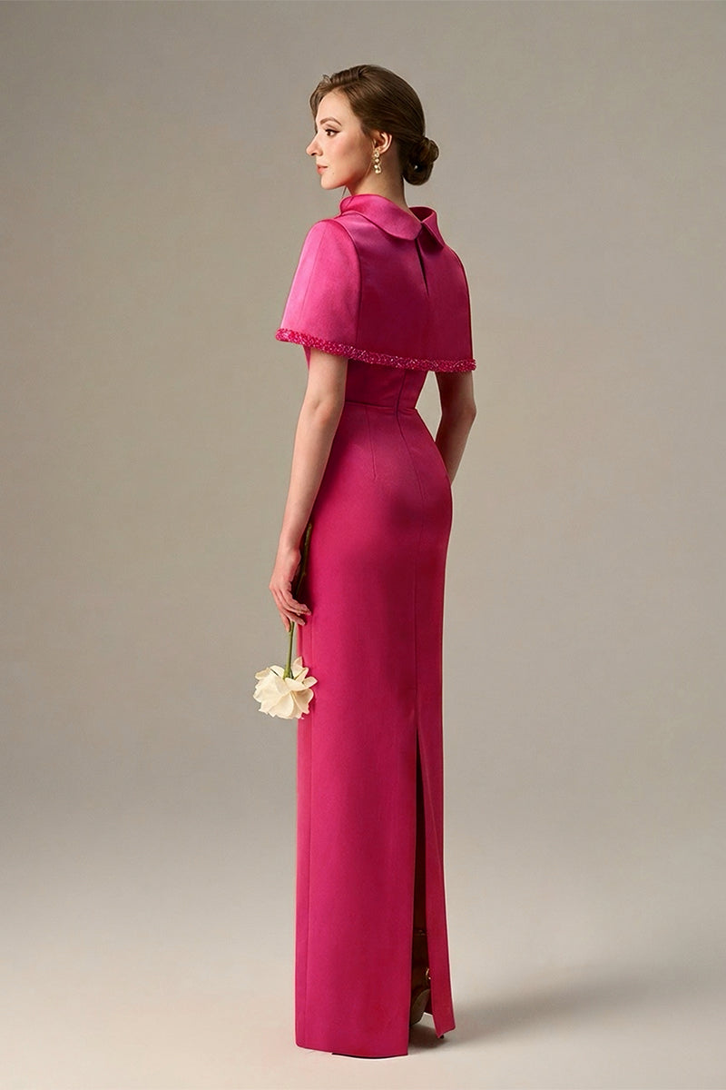 Dark pink taffeta maxi dress with a cropped cape and inverted lapel from I.H.F. Elegant formal evening wear.
