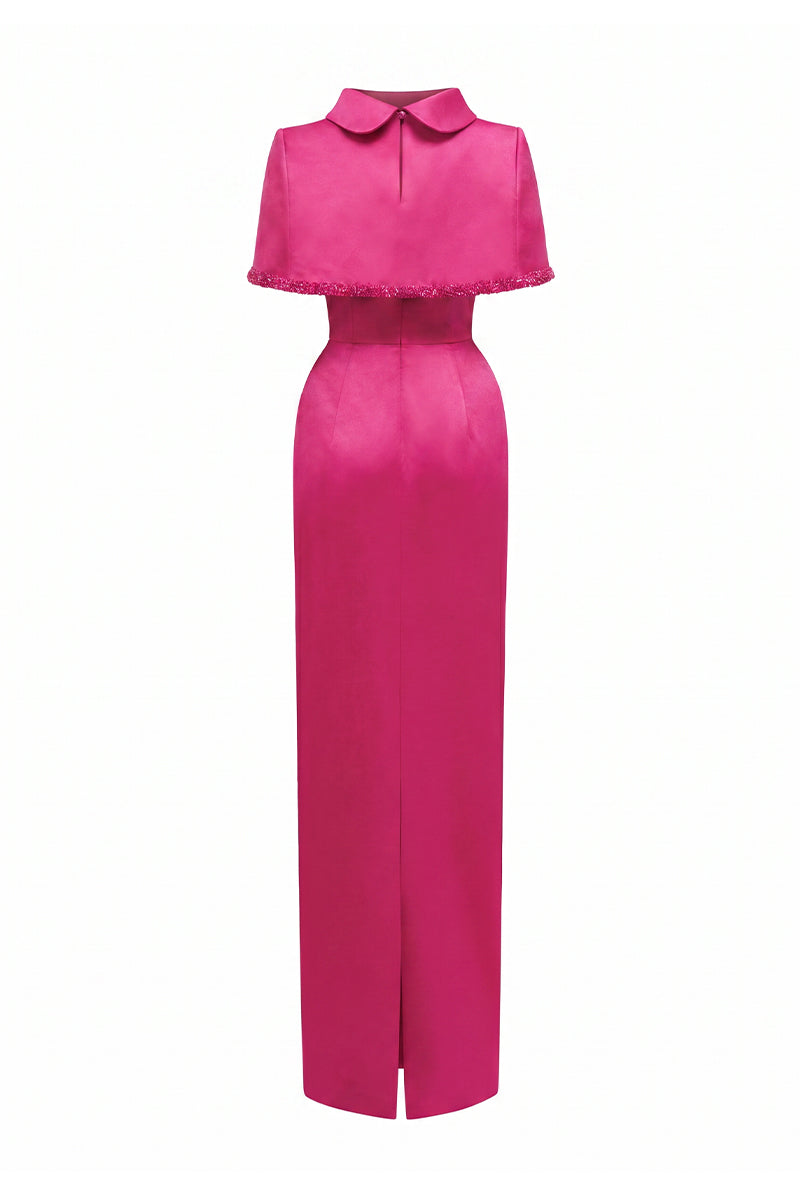 Dark pink taffeta maxi dress by I.H.F with a cropped cape and inverted lapel, featuring elegant and stylish design details.