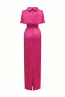 Dark pink taffeta gown with a cropped cape and inverted lapel by I.H.F, elegant evening dress with flowing fabric details.