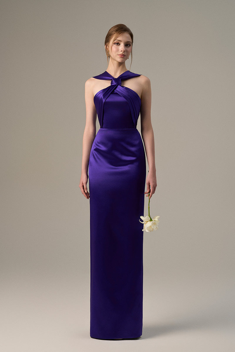 PURPLE SATIN SILK DRESS WITH A RUCHED NECKLINE AND TIE