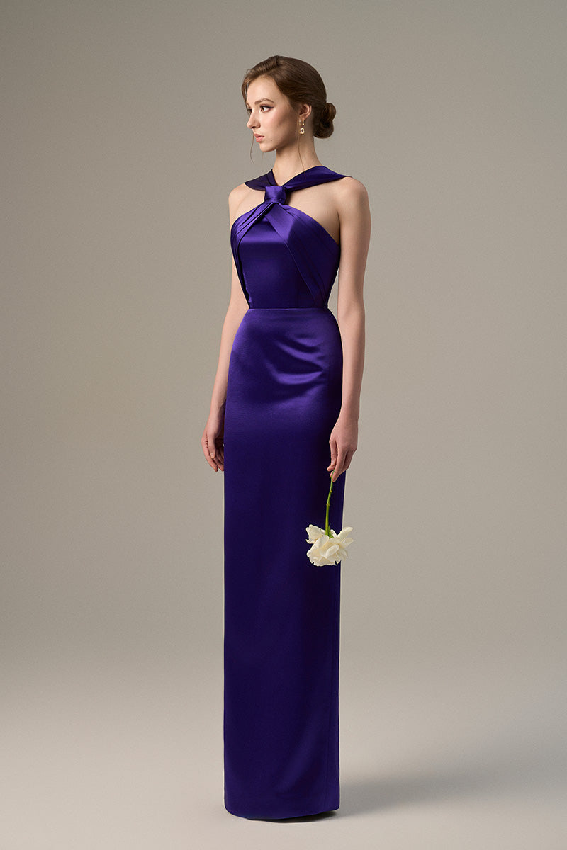Dark purple satin silk maxi dress by I.H.F with a ruched neckline and tie, featuring a flowing, elegant silhouette.