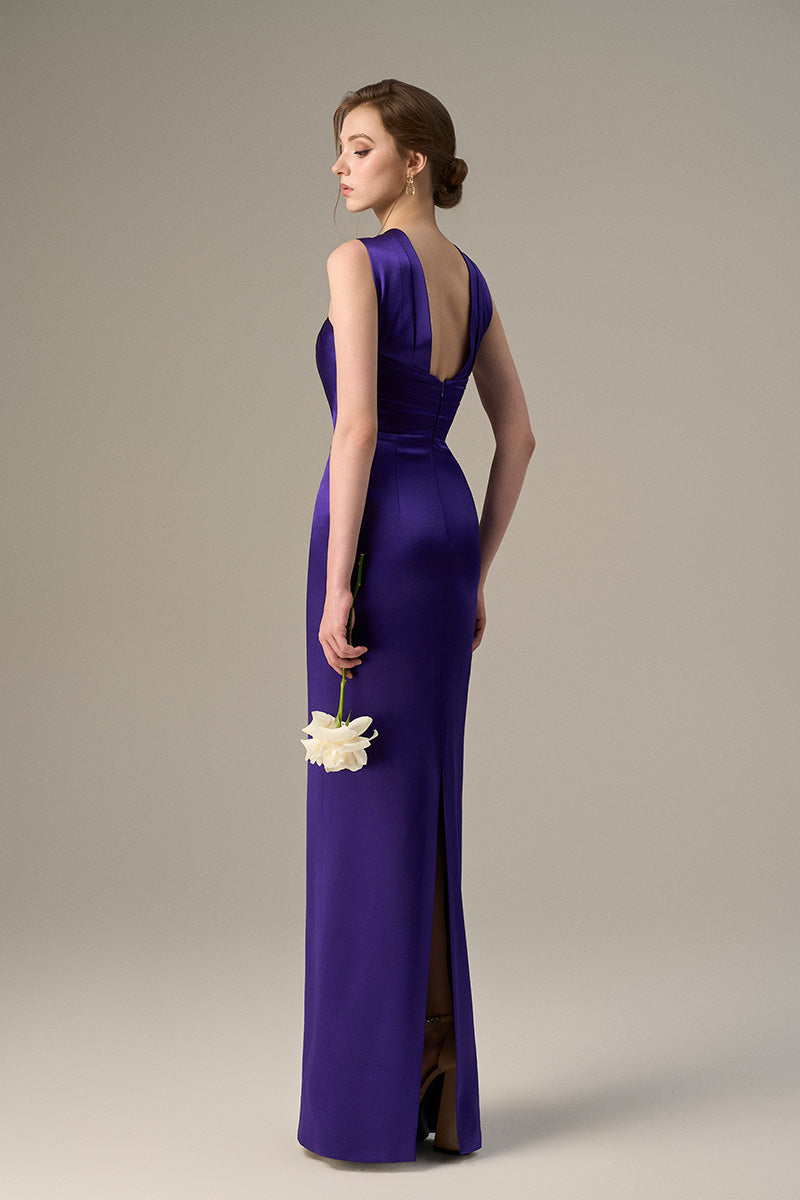 Dark purple satin silk maxi dress with a ruched neckline and tie, stylish I.H.F brand evening dress.