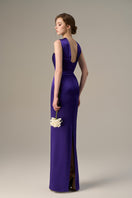 Dark purple satin silk gown by I.H.F with a ruched neckline and tie, featuring elegant draping and smooth fabric.
