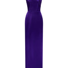Dark purple satin silk gown by I.H.F with a ruched neckline and tie, featuring elegant draping and a sophisticated silhouette.