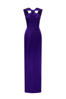 Dark purple satin silk gown by I.H.F with a ruched neckline and tie, featuring elegant draping and a sophisticated silhouette.