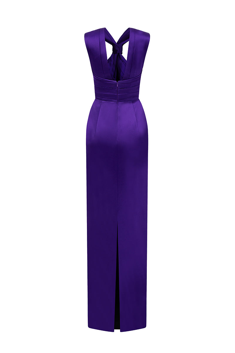 Dark purple satin silk maxi dress by I.H.F featuring a ruched neckline and a matching tie for elegant style.