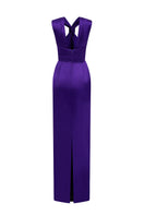 Dark purple satin silk gown by I.H.F featuring a ruched neckline and tie, elegant evening dress with a smooth, shiny finish.