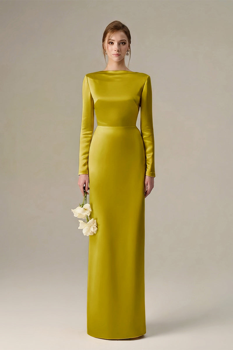 Dark yellow satin silk maxi dress by I.H.F with long sleeves, draped neckline, and tie detail in a stylish, elegant design.