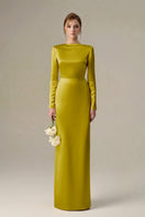 Dark yellow satin silk gown with draped back neckline and tie detail, long sleeves, by I.H.F.
