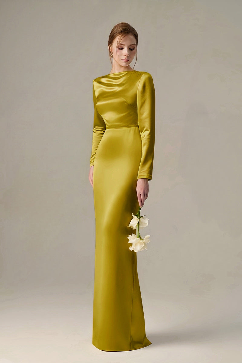 Dark yellow satin silk maxi dress by I.H.F with long sleeves, draped back neckline, and tie detail for elegant style.