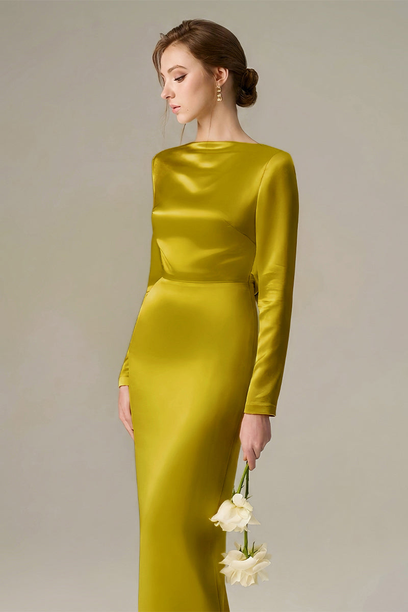 Dark yellow satin silk maxi dress with long sleeves, draped back neckline, and tie detail by I.H.F.