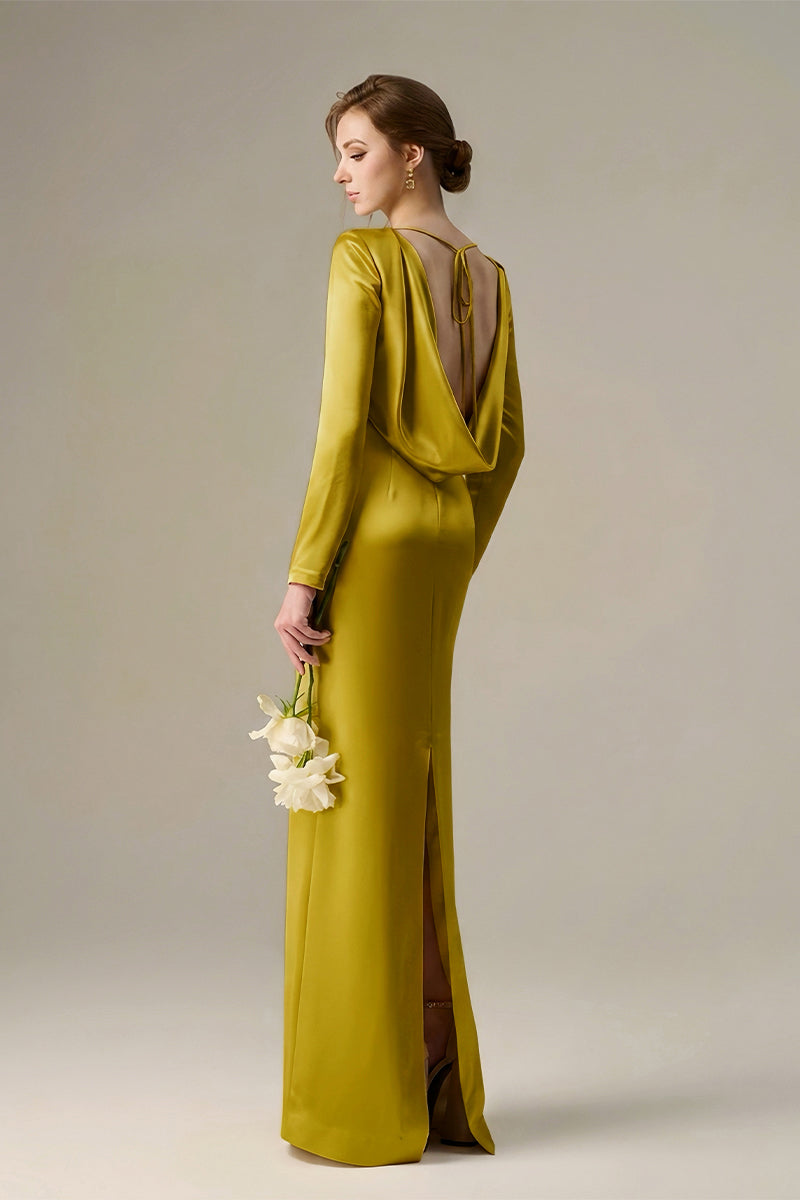 Dark yellow satin silk maxi dress with long sleeves, draped back neckline, and tie detail by I.H.F.
