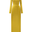 Dark yellow satin silk gown by I.H.F with long sleeves, draped neckline, and tie detail, elegant evening dress image