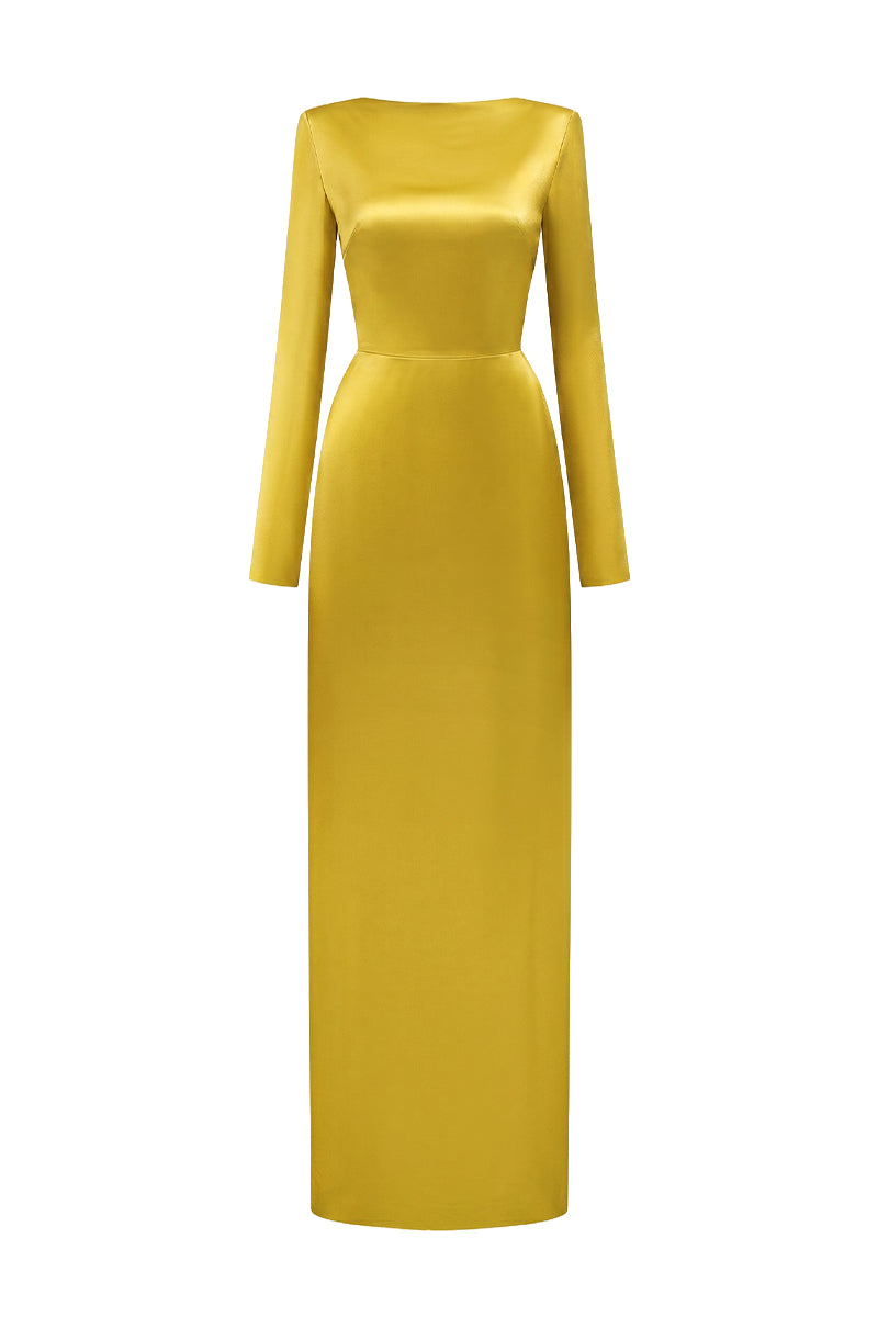 GOLD SATIN SILK DRESS WITH A DRAPED NECKLINE AND TIE DETAIL | CULT MIA